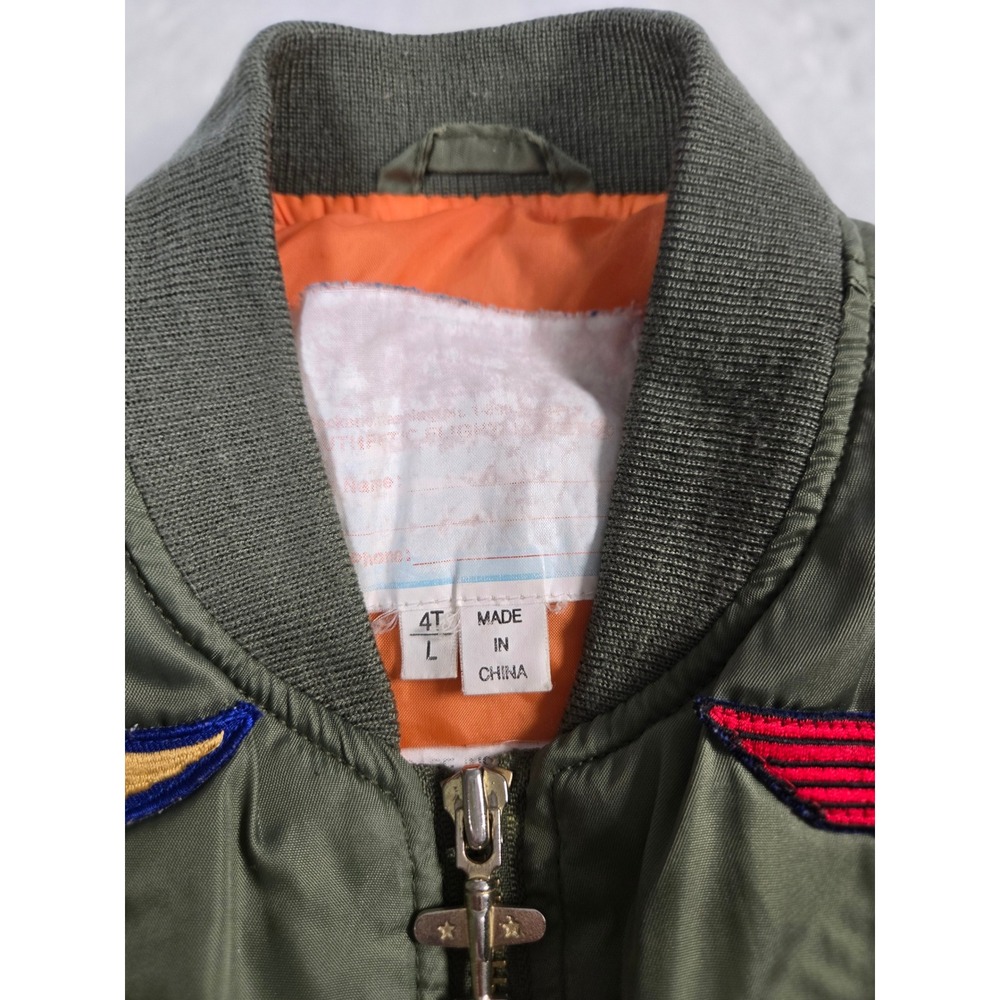 Kids 4T Flight Bomber Jacket Olive Green Military Patches Aviator Top Gun - Picture 4 of 10